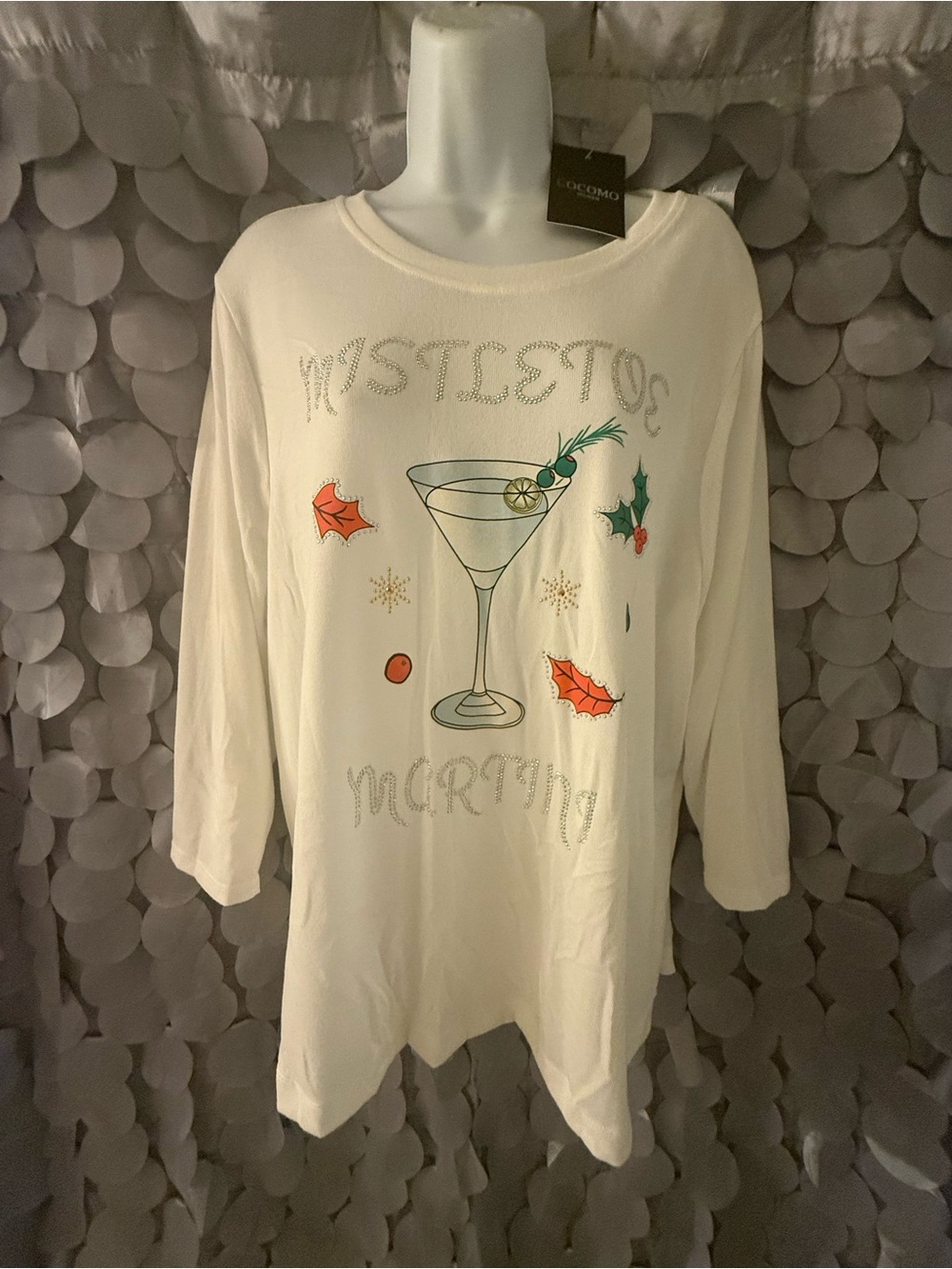 Cocomo White Long-Sleeve Graphic Tee with Holiday Martini Print
